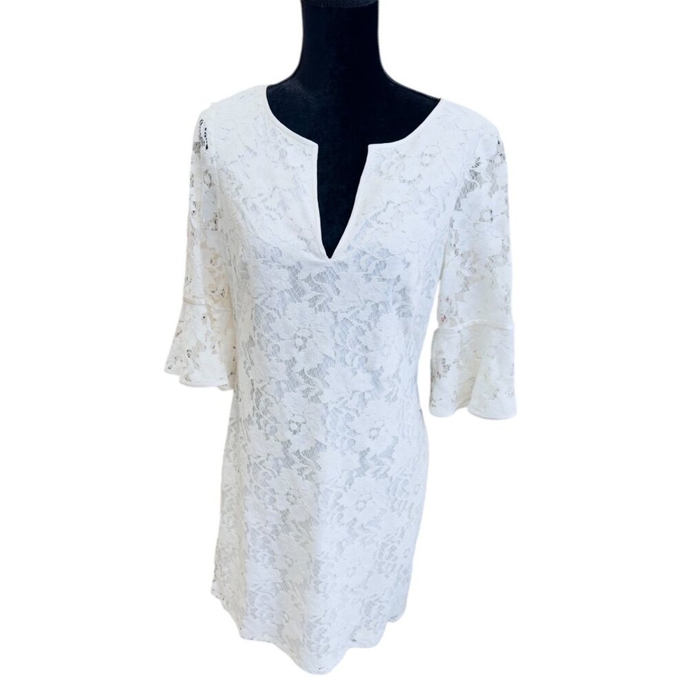 Adrianna Papell White Lace Bell Sleeve Shift Dress Size 8 Knee Length Lined